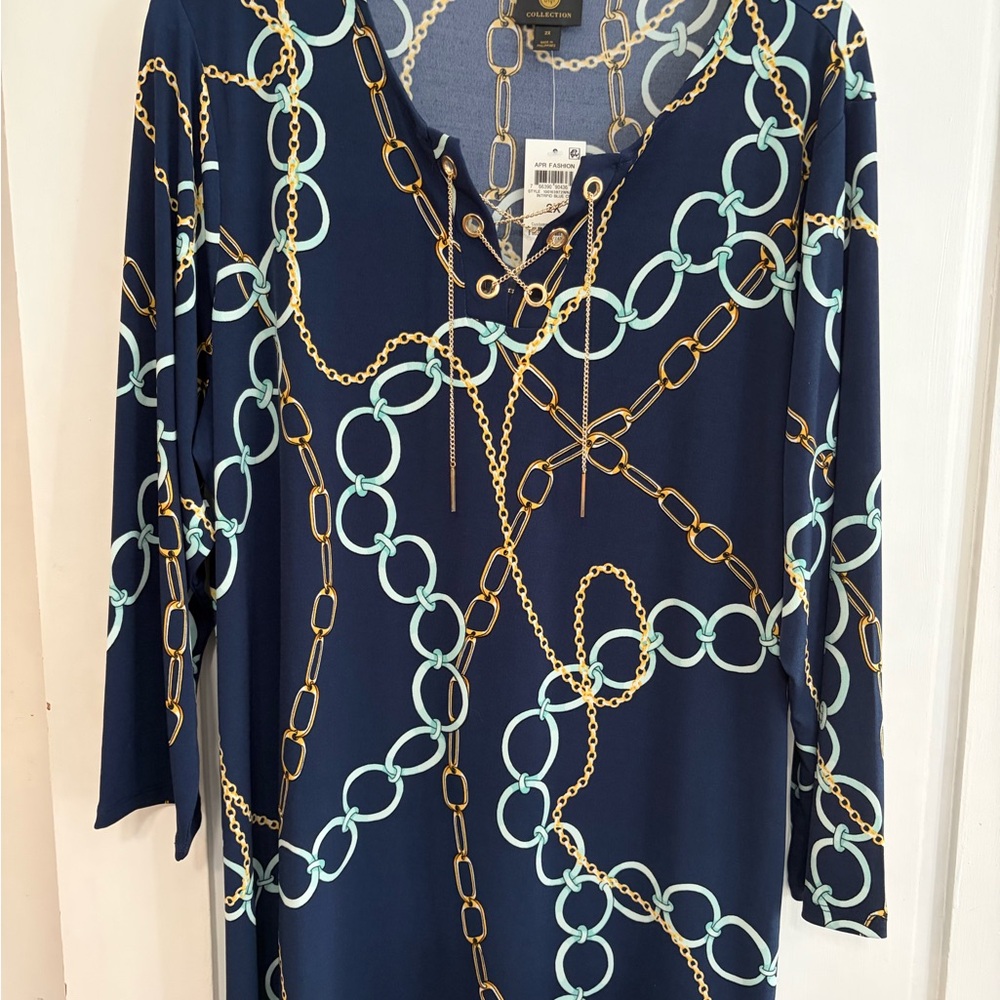 JM Collection Navy and Gold Chain Print Blouse